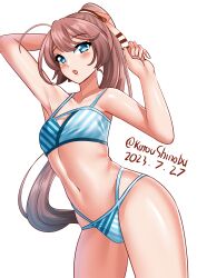 Rule 34 | 1girl, absurdres, aqua eyes, arm behind head, armpits, bikini, breasts, brown hair, cowboy shot, dated, hair ribbon, highres, kantai collection, katou shinobu, kazagumo (kancolle), long hair, looking at viewer, multi-strapped bikini, official alternate costume, ponytail, presenting armpit, ribbon, simple background, small breasts, solo, standing, striped bikini, striped clothes, swimsuit, twitter username, white background