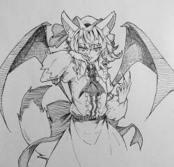 Rule 34 | 1girl, animal ears, ascot, bat wings, center frills, commentary request, fingernails, frills, highres, kanaria (bocmn), long fingernails, long sleeves, remilia scarlet, shirt, short hair, simple background, sketch, skirt, solo, tail, tongue, tongue out, touhou, traditional media, wings