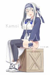 Rule 34 | 10s, 1girl, ainu clothes, black thighhighs, blue eyes, chain, character name, dated, folded ponytail, hair between eyes, headband, kamoi (kancolle), kantai collection, kawashina (momen silicon), long hair, long sleeves, open mouth, shoes, silver hair, sitting, smile, solo, teeth, thick eyebrows, thighhighs, white background, white footwear