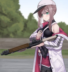 Rule 34 | 1girl, aqua eyes, ar-57, ar-57 (girls&#039; frontline), assault rifle, black tank top, blush, breasts, carbine, closed mouth, commission, crop top, eye piercing, girls&#039; frontline, gun, highres, holding, holding gun, holding weapon, jacket, jacket over shoulder, unworn jacket, long hair, looking down, medium breasts, open clothes, open jacket, personal defense weapon, pink hair, pink shorts, pistol-caliber carbine, rifle, scenery, shorts, sideboob, skeb commission, solo, standing, submachine gun, tank top, weapon, white headwear, white jacket, yakob labo
