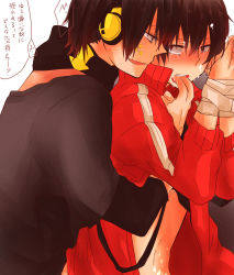 Rule 34 | 2boys, aoi choko (aoichoco), bandages, bdsm, black hair, blush, bondage, bound, clothed sex, dark konoha, drooling, finger in another&#039;s mouth, finger sucking, headphones, highres, jacket, kagerou project, kisaragi shintarou, konoha (kagerou project), male focus, monaco0704, multiple boys, open mouth, red eyes, short hair, tears, track jacket, translation request, vocaloid, yamaha, yaoi