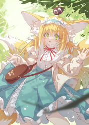 Rule 34 | 1girl, absurdres, animal ears, arknights, bag, blonde hair, blue skirt, blush, brown bag, cardigan, cha kurikara, chinese commentary, colored tips, commentary, cross-laced clothes, cross-laced skirt, cross-laced slit, crossover, fox ears, fox girl, fox tail, green eyes, grey cardigan, heixiu, highres, long sleeves, luo xiaohei zhanji, multicolored hair, neck ribbon, official alternate costume, open mouth, puffy long sleeves, puffy sleeves, red ribbon, ribbon, round bag, shirt, shoulder bag, skirt, solo, suzuran (arknights), suzuran (spring praise) (arknights), tail, two-tone hair, white hair, white shirt
