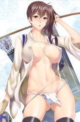 Rule 34 | 10s, 1girl, arrow (projectile), black thighhighs, bow, breasts, brown eyes, brown gloves, brown hair, collarbone, covered erect nipples, eyebrows, flight deck, fundoshi, gloves, gluteal fold, hair between eyes, japanese clothes, kaga (kancolle), kantai collection, large breasts, long hair, looking at viewer, matching hair/eyes, navel, no bra, no pants, open clothes, open mouth, quiver, shiny clothes, shiny skin, side ponytail, single glove, skindentation, solo, stomach, thighhighs, wide sleeves, zucchini