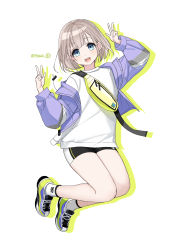 Rule 34 | 1girl, :d, absurdres, bike shorts, blue eyes, highres, idolmaster, idolmaster shiny colors, jacket, long sleeves, looking at viewer, open clothes, open jacket, open mouth, ppower (lu power), purple jacket, serizawa asahi, shoes, short hair, silver hair, simple background, single vertical stripe, smile, socks, solo, teeth, white background