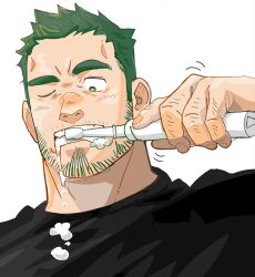 Rule 34 | 1boy, bara, beard, black hair, black sweater, brushing teeth, electric toothbrush, facial hair, foam, foaming at the mouth, highres, male focus, one eye closed, original, portrait, short hair, sideburns, simple background, solo, suamaru, sweater, white background