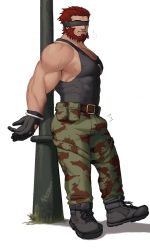 Rule 34 | 1boy, bara, beard, black tank top, blindfold, bound, bound wrists, bulge, camouflage, camouflage pants, chest hair, commission, covered abs, erection, erection under clothes, facial hair, fate/extella, fate/extella link, fate/extra, fate (series), full body, helbai, highres, iskandar (fate), large pectorals, male focus, mature male, muscular, muscular male, official alternate costume, pants, pectoral cleavage, pectorals, red hair, short hair, sidepec, solo, tank top, thick thighs, thighs