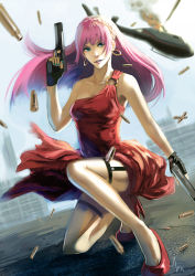 Rule 34 | 1girl, aircraft, alternate costume, bare arms, bare shoulders, black gloves, blue eyes, blue nails, braid, dress, dual wielding, dutch angle, earrings, female focus, finger on trigger, fingerless gloves, french braid, gloves, grin, gun, helicopter, high heels, holding, holding gun, holding weapon, hoop earrings, jewelry, kneeling, legs, lips, lipstick, looking at viewer, makeup, megurine luka, n-maulina, nail polish, neck, o-ring, o-ring dress, on one knee, outdoors, pink hair, red dress, red footwear, shell casing, shoes, smile, solo, squatting, vocaloid, weapon