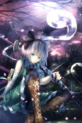 Rule 34 | 1girl, aqua eyes, bandages, black pantyhose, boots, cherry blossoms, cross-laced footwear, expressionless, hairband, highres, knee boots, konpaku youmu, konpaku youmu (ghost), lace-up boots, lantern, looking at viewer, night, outdoors, pantyhose, ryosios, scabbard, sheath, short hair, silver hair, skirt, solo, stairs, stone lantern, sword, touhou, tree, weapon