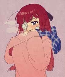 Rule 34 | 1girl, ahoge, blue scarf, blush, breasts, gauze over eye, grey background, grey eyes, hands up, highres, large breasts, limbus company, long hair, looking to the side, nantekottawo!!, pink hair, pink sweater, plaid, plaid scarf, project moon, scarf, simple background, solo, sweater, tented shirt, yuri (project moon)