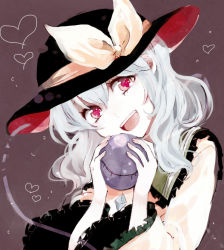 Rule 34 | 1girl, :d, black hat, blouse, brown background, brown eyes, buttons, commentary, diamond button, eyebrows hidden by hair, frilled shirt collar, frilled sleeves, frills, hat, hat ribbon, head tilt, heart, heart-shaped pupils, holding, komeiji koishi, light green hair, long sleeves, looking at viewer, medium hair, niwawatori, open mouth, ribbon, shirt, simple background, smile, solo, symbol-shaped pupils, teeth, third eye, tongue, touhou, two-sided fabric, upper body, wavy hair, wide sleeves, yellow ribbon, yellow shirt