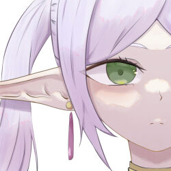 Rule 34 | 1girl, absurdres, blank stare, close-up, commentary, dangle earrings, earrings, frieren, green eyes, highres, jewelry, kakuen11, long hair, looking at viewer, parted bangs, pointy ears, simple background, solo, sousou no frieren, white background, white hair