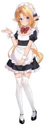 Rule 34 | 1girl, absurdres, apron, black dress, black footwear, blonde hair, blue eyes, blush, bow, bowtie, breasts, cleavage, closed mouth, dress, elf, enjo kouhai, frilled apron, frilled dress, frills, full body, garter straps, highres, iris (takunomi), long hair, looking at viewer, maid, maid headdress, mary janes, pointy ears, ponytail, puffy short sleeves, puffy sleeves, red bow, red bowtie, shoes, short sleeves, simple background, small breasts, smile, solo, standing, takunomi, thighhighs, waist apron, white apron, white background, white thighhighs, wrist cuffs, zettai ryouiki