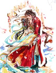 Rule 34 | 2boys, black hair, chinese clothes, couple, dress, eyepatch, face-to-face, flower, from side, full body, hagoromo, hair ornament, high ponytail, highres, holding, holding flower, hozuhakusai, hua cheng, long hair, long sleeves, male focus, multiple boys, profile, red dress, shawl, tianguan cifu, very long hair, xie lian