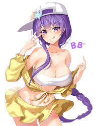 Rule 34 | 1girl, :q, absurdres, bad id, bad pixiv id, bandeau, bare shoulders, baseball cap, bb (fate), bb (fate) (all), bb (swimsuit mooncancer) (fate), bb (swimsuit mooncancer) (first ascension) (fate), bikini, bikini skirt, breasts, character name, cleavage, collarbone, commentary, cowboy shot, english commentary, fate/grand order, fate (series), hair between eyes, hand up, harusame (user wawj5773), hat, head tilt, highres, large breasts, leaning forward, long hair, long sleeves, looking at viewer, purple eyes, purple hair, shiny skin, shirt, sideways hat, simple background, skirt, smile, solo, standing, star (symbol), strapless, strapless bikini, swimsuit, tied shirt, tongue, tongue out, v, very long hair, white background, white bikini, white hat, yellow shirt, yellow skirt