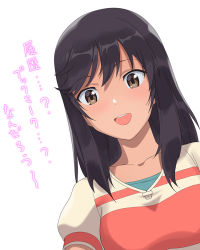 Rule 34 | 1girl, a1 (initial-g), black hair, blouse, brown eyes, collarbone, commentary request, ichijou hotaru, looking at viewer, medium hair, non non biyori, open mouth, shirt, simple background, smile, solo, striped clothes, striped shirt, teeth, translation request, upper body, upper teeth only, white background