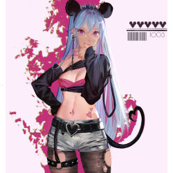 Rule 34 | 1girl, absurdres, animal ears, barcode, belt, black belt, black hairband, black pantyhose, black tail, blue hair, bra, breasts, chain, cleavage, closed mouth, commentary, cross, cross earrings, cross tattoo, dated commentary, ear piercing, earrings, english commentary, fake animal ears, finger tattoo, fingernails, grey shorts, hairband, hand on own hip, hand up, heart, heart tattoo, highres, jewelry, looking at viewer, midriff, mouse ears, mouse tail, multicolored hair, navel, navel piercing, o-ring, o-ring thigh strap, original, pantyhose, piercing, pillarboxed, pink background, pink bra, pink hair, pink nails, short shorts, shorts, shrug (clothing), sleeves past wrists, small breasts, solo, stomach tattoo, streaked hair, studded thigh strap, tail, tattoo, thigh strap, torn clothes, torn pantyhose, underwear, wowmoto2