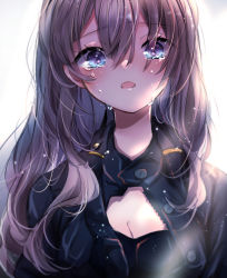Rule 34 | 1girl, bad id, bad pixiv id, black jacket, black shirt, breasts, brown hair, chigiri kurenai, cleavage, commentary request, green eyes, hair between eyes, highres, jacket, long hair, looking at viewer, open mouth, original, shirt, simple background, solo, tears, white background