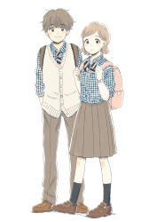 Rule 34 | 1boy, 1girl, :o, absurdres, backpack, bag, black socks, blue shirt, blush stickers, bow, bowtie, brown footwear, brown hair, brown pants, brown skirt, closed mouth, collared shirt, diagonal-striped bow, dress shirt, full body, hair behind ear, hair ornament, hairclip, hand in pocket, hands up, highres, holding strap, itunohika, kneehighs, legs apart, light brown hair, loafers, long sleeves, medium skirt, multicolored bow, necktie, original, pants, parted bangs, parted lips, pink bag, pink bow, pink bowtie, pink necktie, plaid, plaid shirt, pleated skirt, ribbed legwear, school uniform, shirt, shirt tucked in, shoes, short hair, simple background, skirt, sleeves rolled up, smile, socks, standing, striped bow, striped bowtie, striped clothes, striped necktie, tareme, watch, white background, wing collar, wristwatch