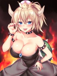 Rule 34 | 1girl, bad id, bad pixiv id, bare shoulders, black dress, blonde hair, blue eyes, blush, bowsette, bracelet, breasts, cleavage, collar, collarbone, commentary request, crown, dress, fangs, fingernails, fire, hair between eyes, hand on own hip, hand up, horns, jewelry, large breasts, mario (series), mini crown, nail polish, new super mario bros. u deluxe, nintendo, ponytail, purple nails, sharp teeth, solo, sorai shin&#039;ya, spiked bracelet, spiked collar, spiked shell, spikes, strapless, strapless dress, super crown, teeth, tongue, tongue out, turtle shell