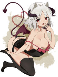 Rule 34 | 1girl, :3, animal ears, ass, black panties, black thighhighs, breasts, butt crack, camisole, cat ears, collarbone, demon girl, demon tail, demon wings, artistic error, full body, large breasts, open mouth, original, panties, red eyes, revealing clothes, short hair, silver hair, solo, tail, takakura, thighhighs, underwear, wings