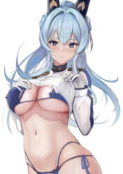 Rule 34 | 1girl, 462vvv, absurdres, bikini, bikini under clothes, blue bikini, blue eyes, blue hair, blush, braid, breasts, clothes lift, gloves, goddess of victory: nikke, hair intakes, hand on own chest, headgear, helm (aqua marine) (nikke), helm (nikke), highres, large breasts, long hair, looking at viewer, official alternate costume, parted lips, ponytail, see-through, see-through shirt, shirt, shirt lift, side-tie bikini bottom, simple background, solo, swimsuit, white background, white gloves, white shirt