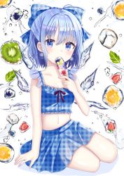Rule 34 | 1girl, ahoge, alternate costume, arm support, bare arms, blue eyes, blue hair, blue shirt, blue skirt, blush, breasts, checkered clothes, checkered shirt, checkered skirt, cirno, collarbone, commentary request, crop top, drop earrings, earrings, food, food in mouth, frozen flower, frozen fruit, fruit, hair between eyes, hair ribbon, holding, ice, ice wings, jewelry, kiwi (fruit), leaf, light blush, looking at viewer, midriff, navel, nibosi, orange (fruit), orange slice, popsicle, ribbon, shirt, short hair, sitting, skirt, small breasts, solo, strawberry, touhou, unmoving pattern, water drop, white background, wings, yokozuwari