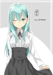 10s 1girl aqua_eyes aqua_hair bad_id bad_pixiv_id blush border dress female_focus hair_ornament hairclip highres kantai_collection long_hair long_sleeves looking_at_viewer meme_attire nishimi_shin one_eye_closed plaid_background skirt skirt_hold smile solo suzuya_(kancolle) virgin_killer_outfit