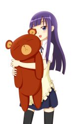 Rule 34 | 1girl, apron, black thighhighs, blunt bangs, daisy (working!!), highres, hugging object, long hair, misuzu321, open mouth, purple eyes, purple hair, simple background, smile, solo, standing, stuffed animal, stuffed toy, teddy bear, thighhighs, tsurime, waitress, working!!, yamada aoi