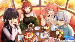 Rule 34 | + +, 4girls, artist request, autumn, autumn leaves, banana, banana slice, black hair, black straps, black tank top, blue hair, blueberry, blush, booth seating, bow, breasts, brown hair, cherry, chocolate syrup, collared shirt, commentary, copyright name, copyright notice, cream, cup, cushion, dessert, eating, fingernails, food, food on face, fork, fruit, glass, green jacket, grey eyes, gundam, gundam breaker mobile, hairband, haro, high ponytail, highres, holding, holding spoon, ichinose yuri, jacket, jacket partially removed, jitome, knife, kotomori ren, kuzunoha rindou, large breasts, lavender shirt, long hair, medium breasts, miyama sana, multiple girls, off shoulder, official art, open mouth, pancake, parfait, pink hair, pitcher (container), plaid, plaid skirt, plate, pudding, purple eyes, purple hairband, ribbed shirt, ribbed sweater, saucer, shirt, short hair, skirt, sleeve cuffs, small breasts, spoon, star (symbol), steam, strawberry, suspender skirt, suspenders, sweatdrop, sweater, table, tank top, taut clothes, taut shirt, topknot, two side up, wafer stick, whipped cream, white sweater, window