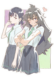Rule 34 | 2girls, abstract background, bare arms, black hair, blunt bangs, blush stickers, commentary request, cowboy shot, do it yourself!!, double-parted bangs, green necktie, hair behind ear, half-closed eyes, heart, kouki kokoro, long hair, looking at viewer, matsuo yuusuke, multiple girls, necktie, one eye closed, pleated skirt, purple eyes, red eyes, school uniform, short hair, short sleeves, simple background, skirt, smile, stretching, suride miku, thick eyebrows, white background