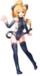 Rule 34 | 1girl, animal ears, arm warmers, armpits, bare shoulders, blonde hair, boots, clenched hand, clothing cutout, collar, collarbone, contrapposto, covered navel, fake animal ears, full body, green eyes, halterneck, highleg, highleg leotard, highres, kinosuke (pixiv219368), kiyukisuke, leotard, long hair, looking at viewer, mecha musume, mechanical tail, open mouth, original, ponytail, robot ears, shiny clothes, side cutout, skin tight, smile, solo, standing, tail, thigh boots, thighhighs, transparent background, waving
