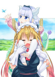 Rule 34 | 10s, 2girls, barefoot, beads, blonde hair, blue eyes, blunt bangs, blush, breasts, bug, butterfly, capelet, carrying, closed eyes, dragon girl, dragon horns, dragon tail, dress, feet, gloves, hair beads, hair ornament, hairband, highres, horn grab, horns, insect, kanna kamui, kobayashi-san chi no maidragon, large breasts, large tail, light purple hair, long hair, maid, maid headdress, matsukawa li, multiple girls, necktie, no shoes, open mouth, pain, revision, shoulder carry, stirrup legwear, tail, thighhighs, toeless legwear, toes, tohru (maidragon), twintails, white gloves, white legwear
