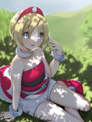 Rule 34 | 1girl, absurdres, anklet, arm support, bad id, bad pixiv id, blonde hair, blue eyes, bracelet, breasts, cleavage, collar, commentary request, creatures (company), day, eyelashes, furuka graffiti, game freak, grass, hairband, hand up, highres, irida (pokemon), jewelry, looking at viewer, nail polish, neck ring, nintendo, open mouth, outdoors, pink nails, pokemon, pokemon legends: arceus, red footwear, red hairband, red shirt, sash, shadow, shirt, shoes, short hair, shorts, sitting, smile, solo, strapless, strapless shirt, teeth, tongue, upper teeth only, white shorts