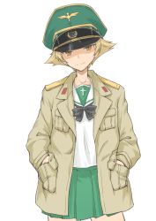 Rule 34 | 10s, 1girl, blonde hair, blouse, bow, brown eyes, brown jacket, cowboy shot, erwin (girls und panzer), girls und panzer, goggles, goggles on headwear, green skirt, halcon, hands in pockets, hat, highres, jacket, light smile, long sleeves, looking at viewer, military, military uniform, miniskirt, ooarai school uniform, open clothes, open jacket, peaked cap, pleated skirt, pointy hair, school uniform, serafuku, shirt, short hair, simple background, skirt, solo, standing, uniform, white background, white shirt