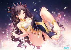 Rule 34 | 1girl, anklet, armlet, ass, asymmetrical legwear, atdan, bare arms, bare legs, bare shoulders, barefoot, black hair, black panties, black ribbon, blue thighhighs, breasts, cameltoe, cleavage, crown, earrings, fate/grand order, fate (series), feet, female focus, foot focus, full body, gem, hair ribbon, hoop earrings, ishtar (fate), jewelry, knees up, legs, legs up, long hair, looking at viewer, lying, md5 mismatch, medium breasts, midriff, naughty face, navel, neck, neck ring, no shoes, on back, panties, partially visible vulva, petals, red eyes, revealing clothes, revision, ribbon, single thighhigh, smile, soles, solo, strapless, thighhighs, thighlet, toeless legwear, toes, tohsaka rin, two side up, type-moon, underwear, uneven legwear, very long hair