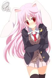 Rule 34 | 1girl, animal ears, annoyed, bad id, bad pixiv id, black thighhighs, blazer, crossed arms, female focus, hair ornament, hairclip, highres, jacket, long hair, necktie, pink hair, purple hair, rabbit ears, rabbit tail, red eyes, red necktie, reisen udongein inaba, skirt, solo, squiggle, stigma1101, tail, thighhighs, touhou, zettai ryouiki