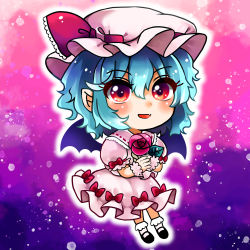 Rule 34 | 1girl, bat wings, black footwear, blue hair, bobby socks, collared shirt, commentary request, fang, frilled shirt collar, frilled sleeves, frills, full body, gradient background, hair between eyes, hat, looking at viewer, maa (forsythia1729), mary janes, mob cap, open mouth, pink hat, pink shirt, pink skirt, puffy short sleeves, puffy sleeves, red eyes, red ribbon, remilia scarlet, ribbon, ribbon-trimmed headwear, ribbon trim, shirt, shoes, short hair, short sleeves, skin fang, skirt, socks, solo, touhou, white socks, wings, wrist cuffs
