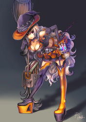 Rule 34 | 1girl, bag, belt pouch, bent over, book, boots, breasts, broom, brown hair, collarbone, dated, downblouse, elbow gloves, full body, garter straps, gloves, glowing, grey hair, hand on own hip, hanging breasts, hat, leaning forward, looking at viewer, okuma mai, platform footwear, pouch, signature, source request, thigh boots, thighhighs, vial, wand, witch, witch hat, zettai ryouiki