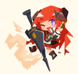 Rule 34 | 1girl, arknights, bagpipe (arknights), chibi, commentary request, dragon horns, fang, full body, highres, holding, holding polearm, holding weapon, horns, long hair, long sleeves, looking at viewer, nuu (nu-nyu), one eye closed, open mouth, orange hair, polearm, purple eyes, signature, simple background, skirt, smile, smoke, solo, spear, very long hair, weapon, yellow background