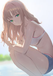 Rule 34 | 1girl, armpit crease, bare arms, bare legs, bare shoulders, bikini, blonde hair, blue shorts, breasts, closed mouth, expressionless, feet out of frame, from side, green eyes, gridman universe, halterneck, highres, layered bikini, long hair, looking at viewer, looking to the side, medium breasts, micro shorts, minami yume, navel, seon (seonon ), short shorts, shorts, solo, squatting, ssss.dynazenon, stomach, string bikini, sweat, swimsuit, thighs, white bikini