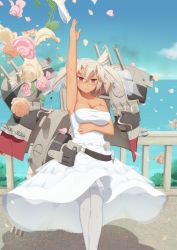 Rule 34 | 10s, 1girl, alternate costume, arm up, armpits, bare shoulders, blonde hair, blue sky, bouquet, breasts, cloud, dark-skinned female, dark skin, dress, female focus, flower, glasses, highres, jewelry, kantai collection, large breasts, looking at viewer, musashi (kancolle), ocean, pointy hair, red eyes, ring, sarashi, sky, smile, solo, tachimi (basue), thighhighs, two side up, wedding band, wedding dress, white thighhighs