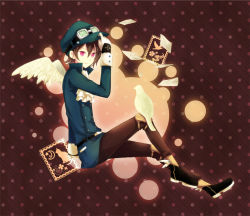 Rule 34 | 1boy, ascot, bad id, bad pixiv id, bird, black hair, cabbie hat, goggles, goma (11zihisin), gradient background, hat, mail, mailman, male focus, original, pink eyes, solo, wings