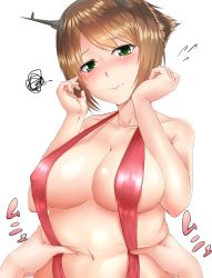 Rule 34 | 10s, 1girl, ajifurai, alternate costume, belly grab, bikini, breasts, brown hair, covered erect nipples, curvy, deep skin, embarrassed, fat, green eyes, hands on own face, highres, kantai collection, large breasts, mutsu (kancolle), navel, one-piece swimsuit, red bikini, red one-piece swimsuit, short hair, slingshot swimsuit, solo, swimsuit