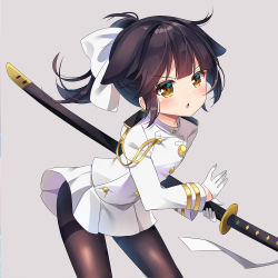 Rule 34 | 1girl, aged down, animal ears, azur lane, blush, bow, brown eyes, brown hair, brown pantyhose, commentary, gloves, grey background, hair bow, half gloves, high ponytail, highres, holding, holding sheath, ikazu401, jacket, katana, leaning forward, long hair, long sleeves, looking at viewer, military jacket, pantyhose, parted lips, pleated skirt, ponytail, sheath, sheathed, sidelocks, simple background, skirt, solo, sword, takao (azur lane), thighband pantyhose, v-shaped eyebrows, weapon, white bow, white gloves, white jacket, white skirt