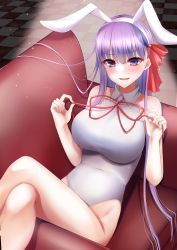 Rule 34 | 1girl, bb (fate), bb (fate/extra), blush, breasts, fate/extra, fate/extra ccc, fate (series), hair ribbon, highres, large breasts, leotard, long hair, looking at viewer, open mouth, playboy bunny, purple eyes, purple hair, red ribbon, ribbon, smile, solo, thighs, very long hair, yumeneko nyaa
