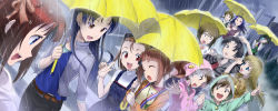 Rule 34 | 6+girls, akizuki ritsuko, amami haruka, andou shuki, blush, everyone, futami ami, futami mami, hagiwara yukiho, happy, highres, hood, idolmaster, idolmaster (classic), kikuchi makoto, kisaragi chihaya, long image, minase iori, multiple girls, music, rain, siblings, singing, sisters, takatsuki yayoi, twins, umbrella, v, wide image