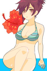 Rule 34 | 1girl, arm support, bad id, bad pixiv id, bikini, bottomless, breasts, brown eyes, brown hair, cleavage, flower, hibiscus, medium breasts, short hair, solo, striped bikini, striped clothes, swimsuit, tosaka-maru