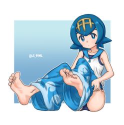 Rule 34 | 1girl, absurdres, bad id, bad pixiv id, blue eyes, blue hair, creatures (company), feet, foot focus, game freak, gold hairband, hairband, highres, lana (pokemon), long hair, nintendo, pokemon, pokemon sm, soles, solo, swimsuit, swimsuit under clothes, toes, tsukimaru (ls 99ml)