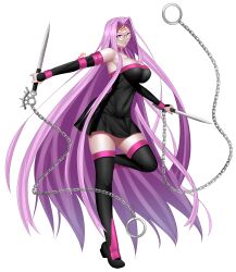 Rule 34 | 1girl, absurdres, black dress, black footwear, black sleeves, boots, breasts, collar, dagger, detached sleeves, dress, facial mark, fate/stay night, fate (series), forehead mark, full body, glasses, highres, holding, holding dagger, holding knife, holding weapon, knife, large breasts, long hair, long sleeves, medusa (fate), medusa (rider) (fate), nameless dagger (fate), purple collar, purple eyes, purple hair, short dress, simple background, solo, square pupils, standing, standing on one leg, strapless, strapless dress, thigh boots, very long hair, weapon, white background, zinfian