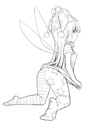 Rule 34 | 1girl, american flag dress, american flag legwear, ass, clownpiece, fairy wings, from behind, full body, greyscale, hat, jester cap, kneeling, long hair, looking at viewer, looking back, monochrome, naegi (naegidokoro), neck ruff, no shoes, pantyhose, profile, short sleeves, simple background, soles, solo, touhou, transparent wings, very long hair, white background, wings